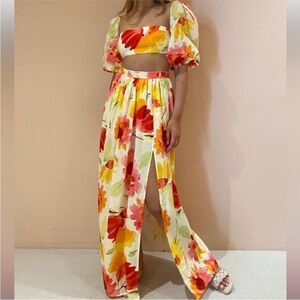 Revolve Rumer Sunshine Floral Linen Maxi Skirt with Slit XS NWT